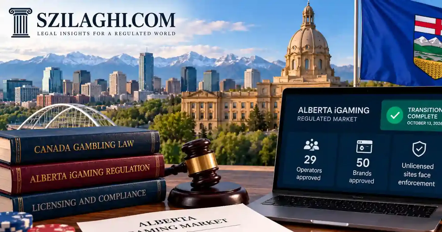 Alberta iGaming transition in 2026: Edmonton skyline and the Alberta Legislature with the provincial flag, and a laptop showing the regulated market's transition completed on 13 October 2026 with 29 operators and 50 brands approved and enforcement against unlicensed sites