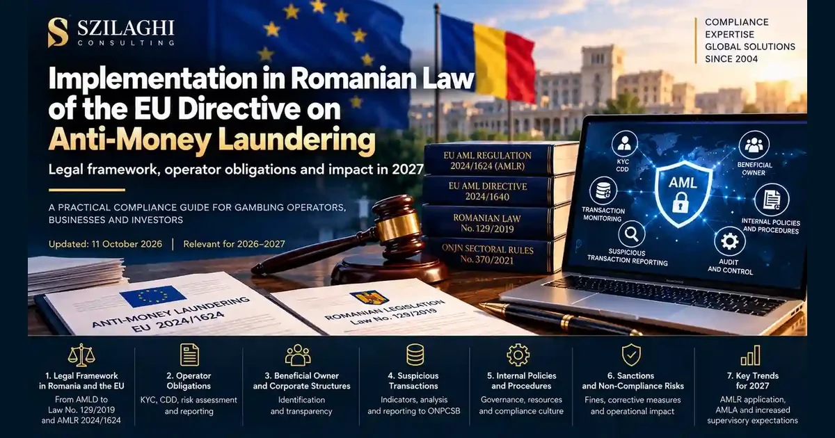 Implementation in Romanian law of the EU Directive on anti-money laundering: Regulation (EU) 2024/1624, Directive (EU) 2024/1640, Law No. 129/2019 and ONJN Order 370/2021, with KYC/CDD, beneficial ownership, transaction monitoring and suspicious transaction reporting for 2027
