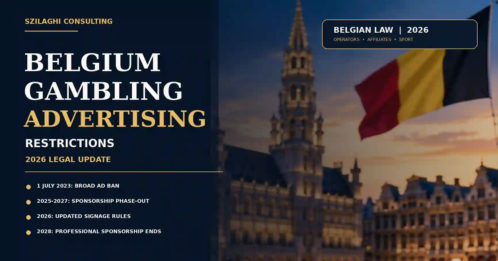 Belgium gambling advertising restrictions in 2026: the July 2023 advertising ban, the 2025–2027 sponsorship phase-out, the 2026 signage rules and the 2028 end of professional sports sponsorship
