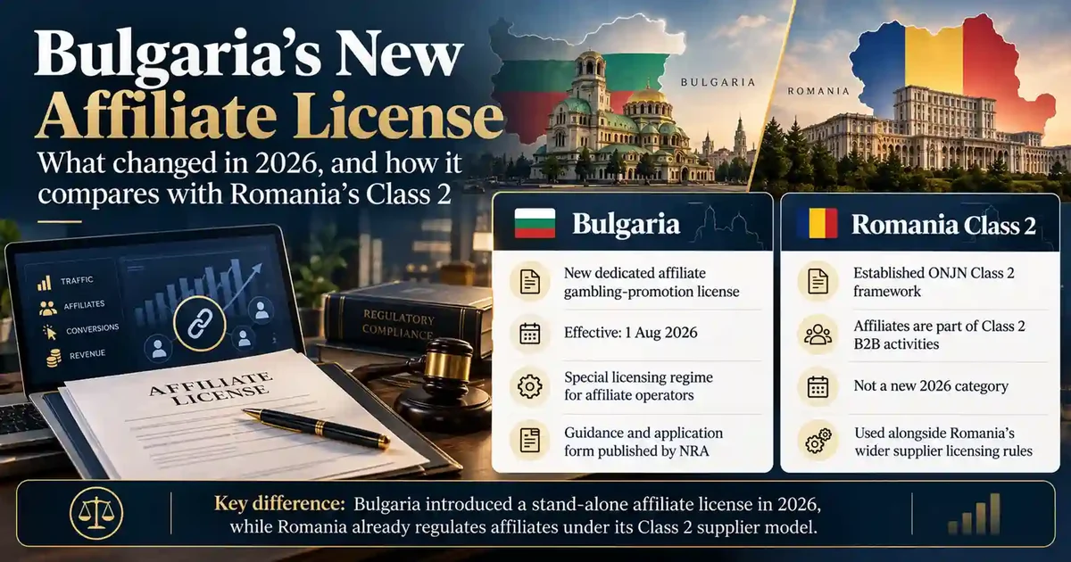 Bulgaria's new affiliate license in 2026 compared with Romania's ONJN Class 2: what changed in Bulgaria and how the two affiliate regimes compare