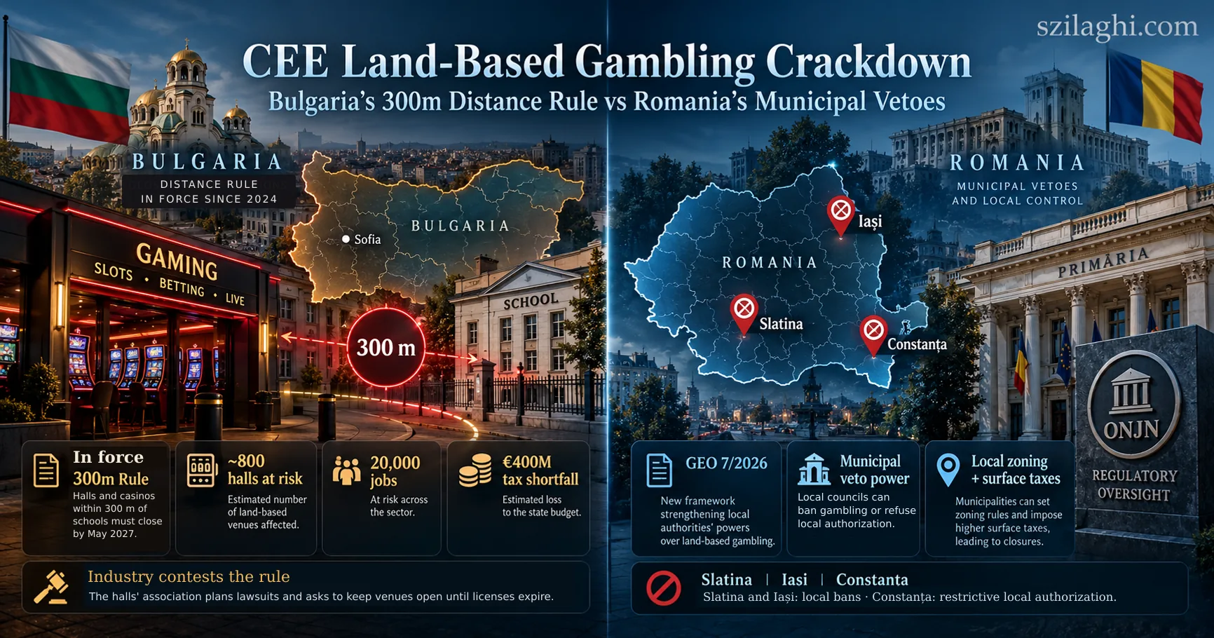 CEE land-based gambling crackdown in 2026: Bulgaria's 300 m distance rule in force since 2024 compared with Romania's municipal veto power under OUG 7/2026, with Sofia and Bucharest, maps of both countries and Slatina, Iași and Constanța marked