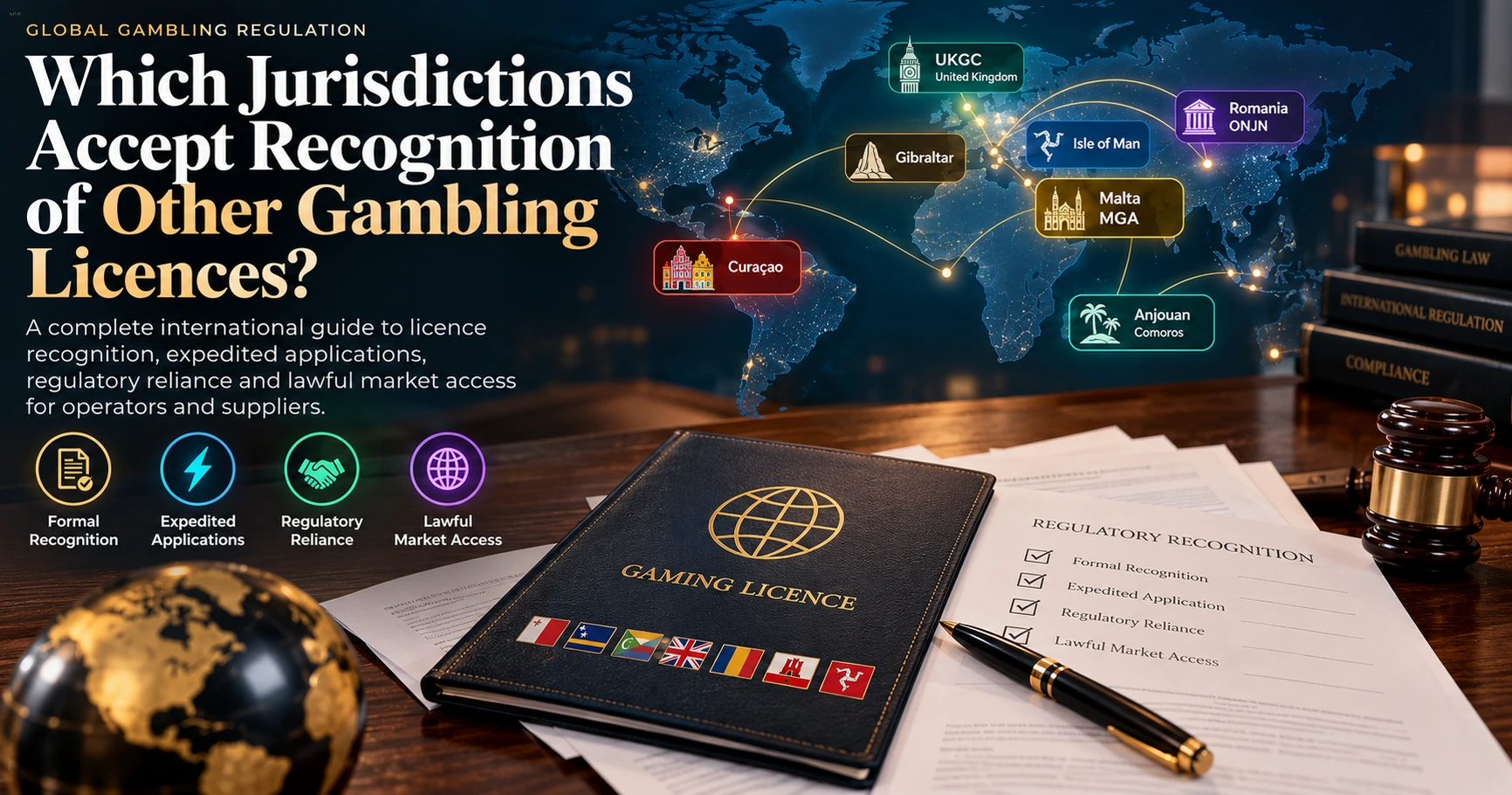 Global map illustrating gambling license recognition across Malta, Anjouan, Curaçao, Romania, Gibraltar, the Isle of Man and the United Kingdom