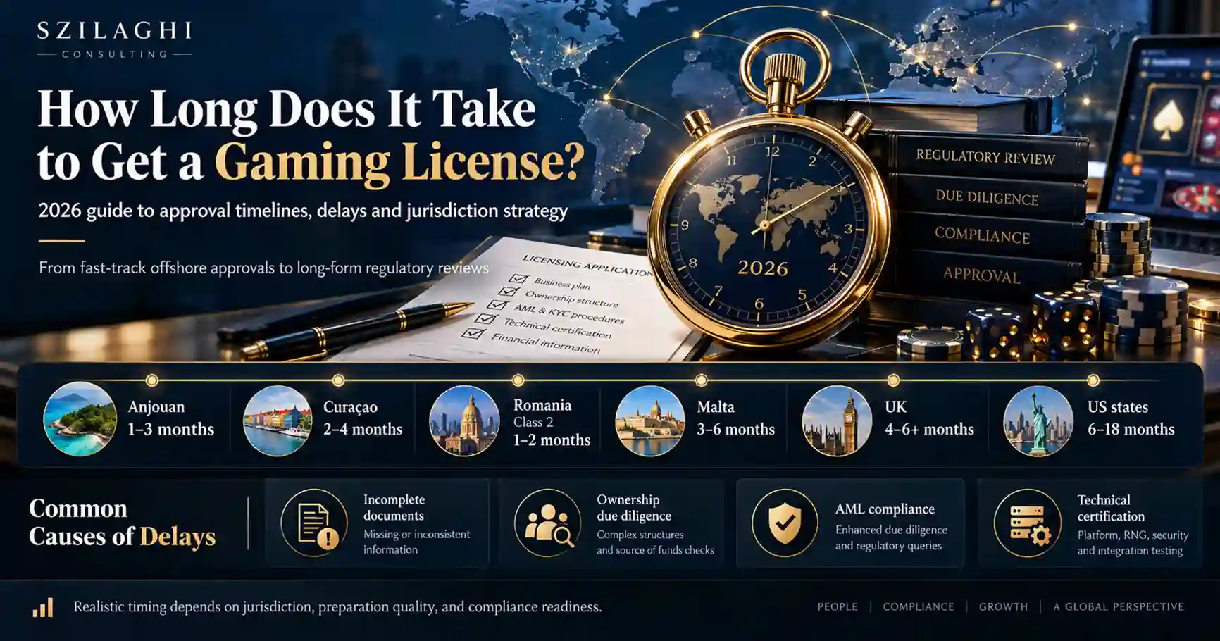 How long does it take to get a gaming license in 2026: indicative timelines for Anjouan, Curaçao, Romania Class 2, Malta, the UK and US states, and common causes of delay