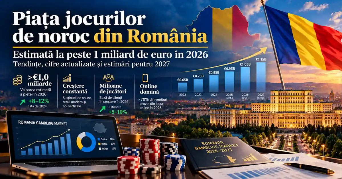 Piața jocurilor de noroc din România în 2026: tendințe, cifre actualizate și estimări pentru 2027 — infografic cu drapelul României și Palatul Parlamentului