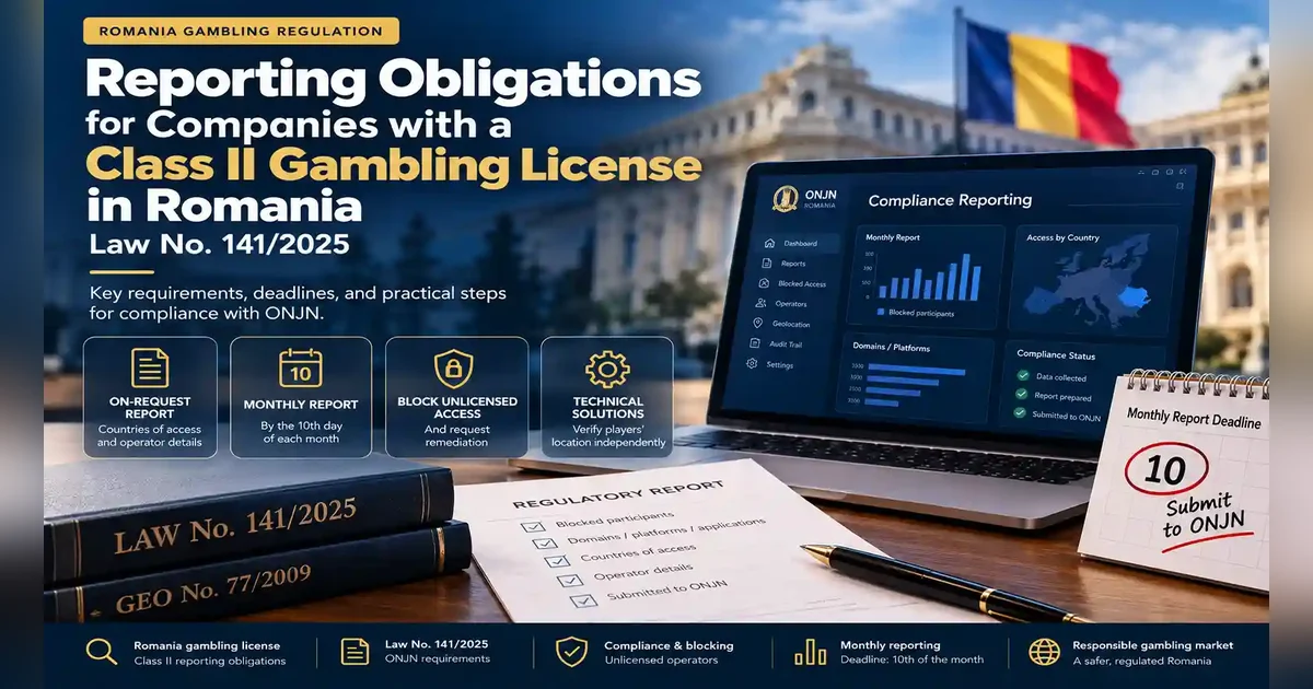 Reporting obligations for companies with a Class II gambling license in Romania under Law No. 141/2025: on-request report, monthly report by the 10th, blocking unlicensed access and independent geolocation
