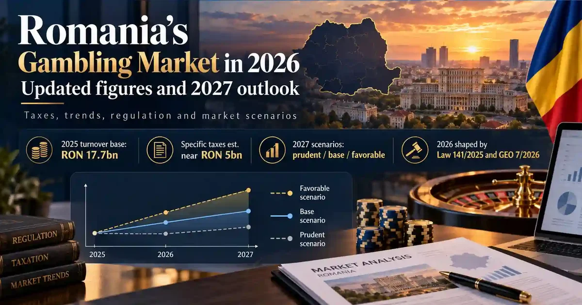 Romania gambling market in 2026 with Romanian flag, Bucharest skyline and 2027 economic outlook