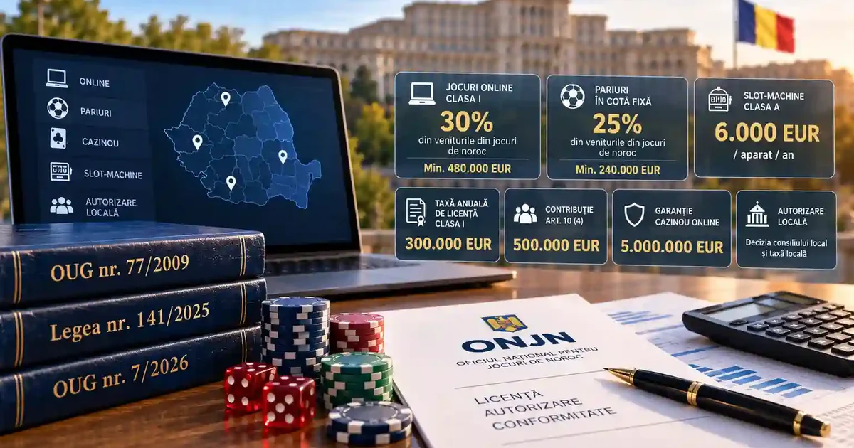 Gambling taxes in Romania in 2026: 30% of gambling revenue for Class I online gambling (minimum EUR 480,000), 25% for fixed-odds betting (minimum EUR 240,000), EUR 6,000 per Class A slot machine, EUR 300,000 Class I license fee, EUR 500,000 contribution, EUR 5,000,000 online casino guarantee and local authorization