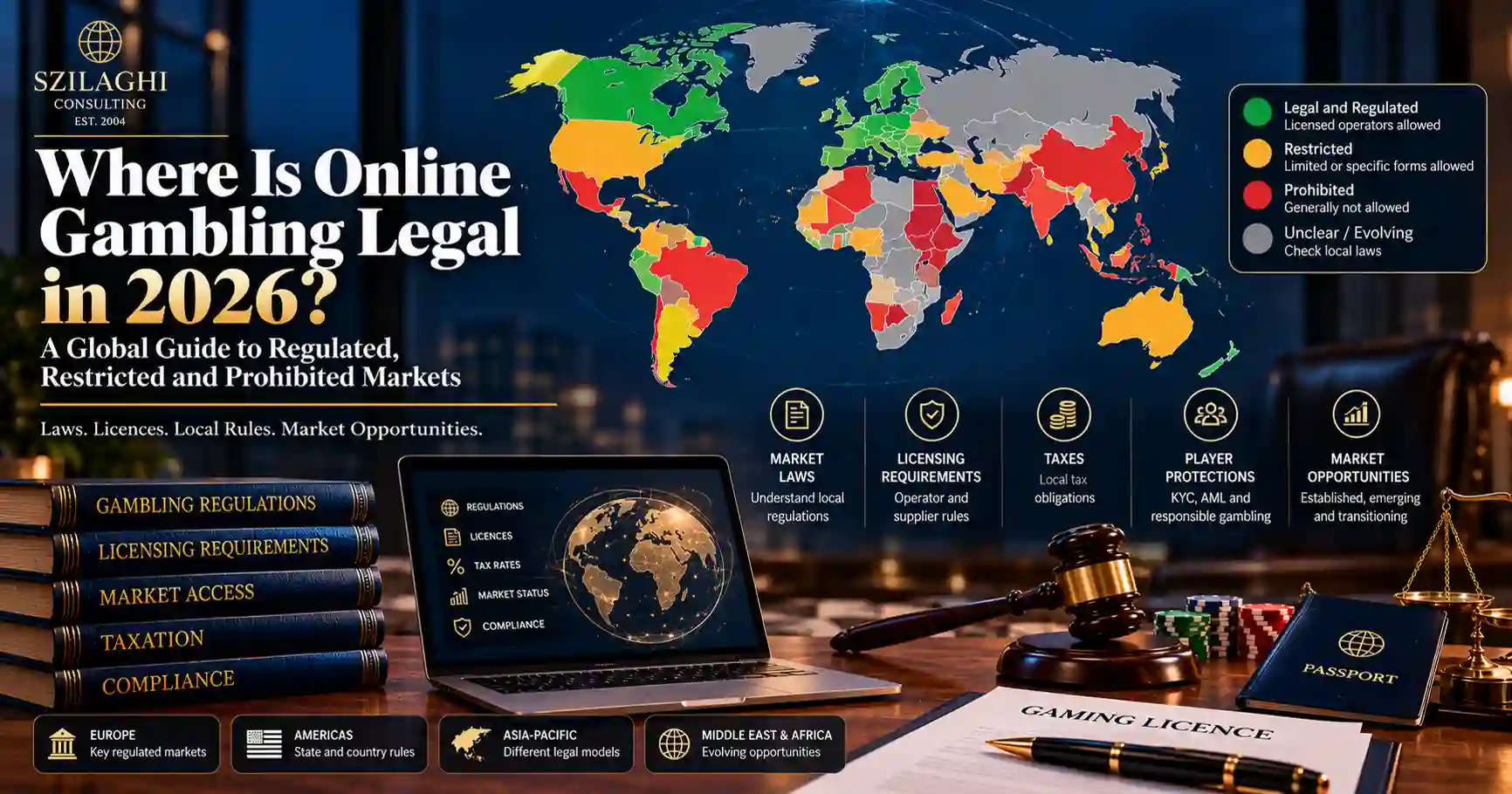 Where online gambling is legal in 2026: international gambling regulation, licensing requirements and restricted markets (illustrative map)